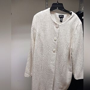 White Maggie Barnes Textured Knee Length Coat with embellished Buttons